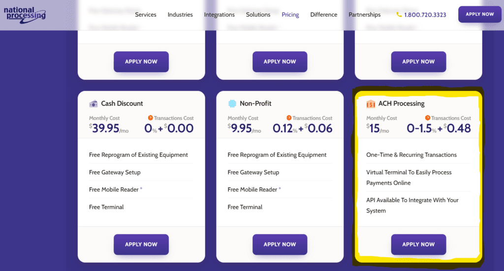 National Processing pricing for ACH transactions