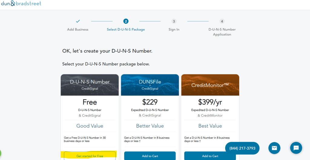 Select free account to request a free DUNS Number